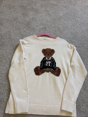 Cream Knit Sweater with Teddy Bear